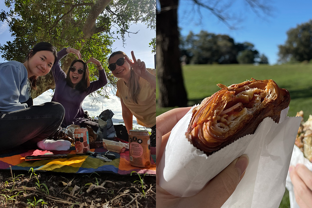 A picture showing three people on a picnic on a sunlight day. Next to it a hand holding a half-eaten sandwich.